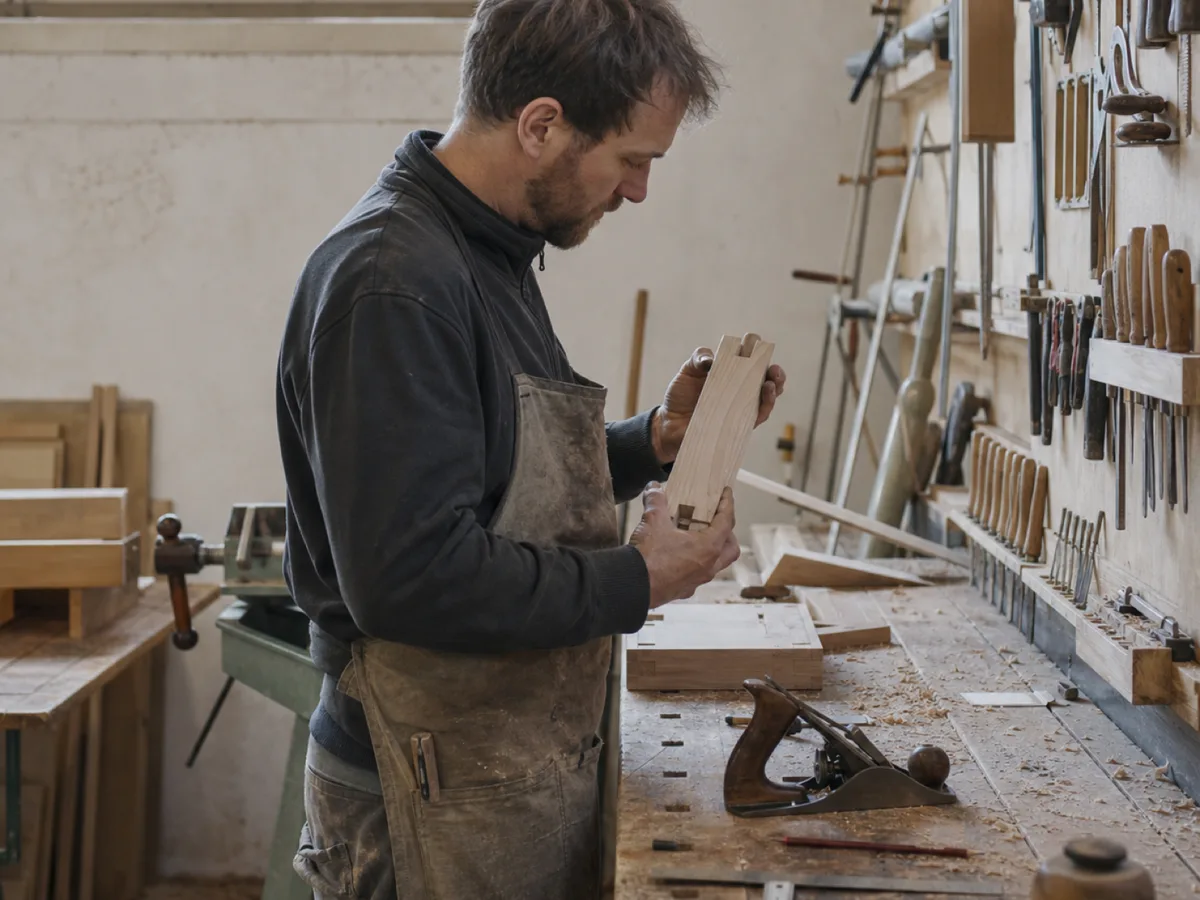 Schreiner prüft in seiner Werkstatt eine Zinkenverbindung an einem Holzbauteil