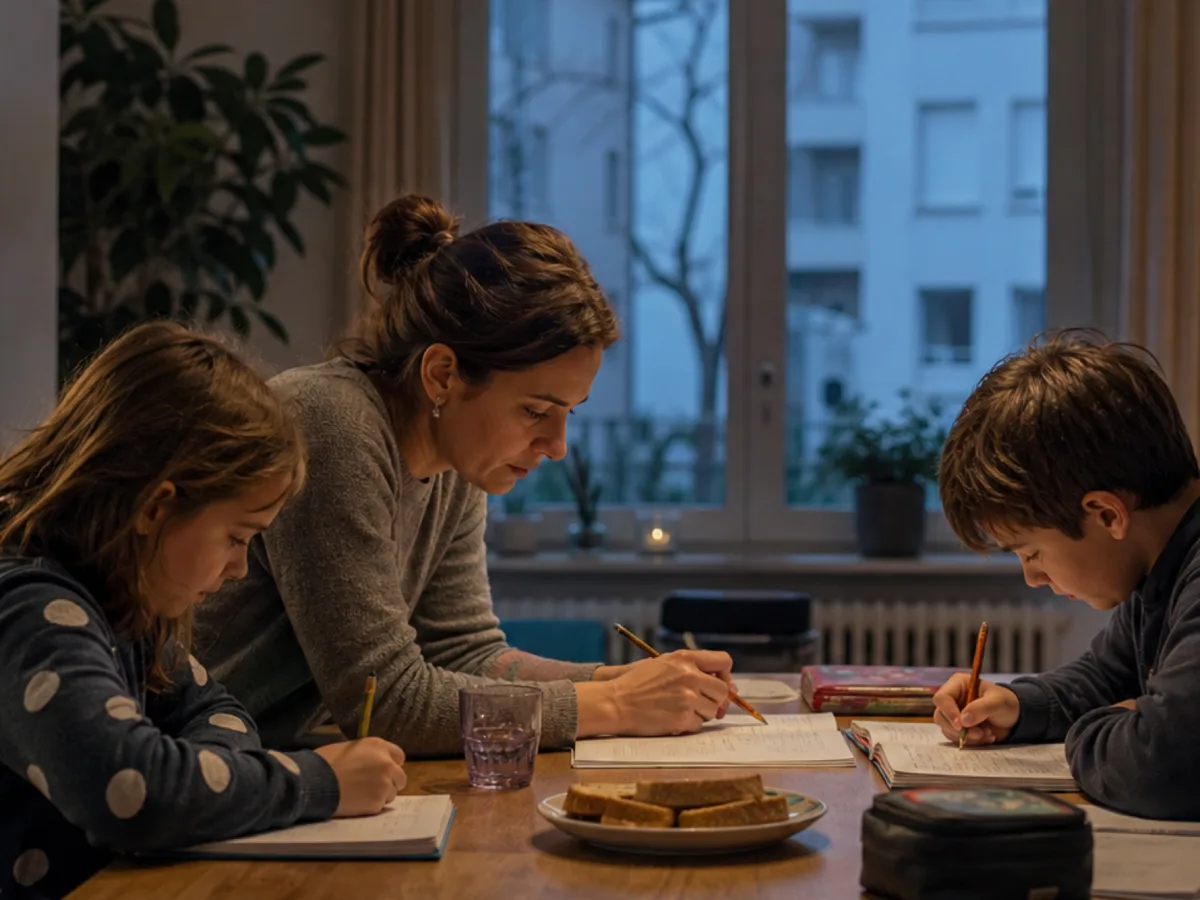 Mutter hilft ihren beiden Schulkindern am Küchentisch bei den Aufgaben