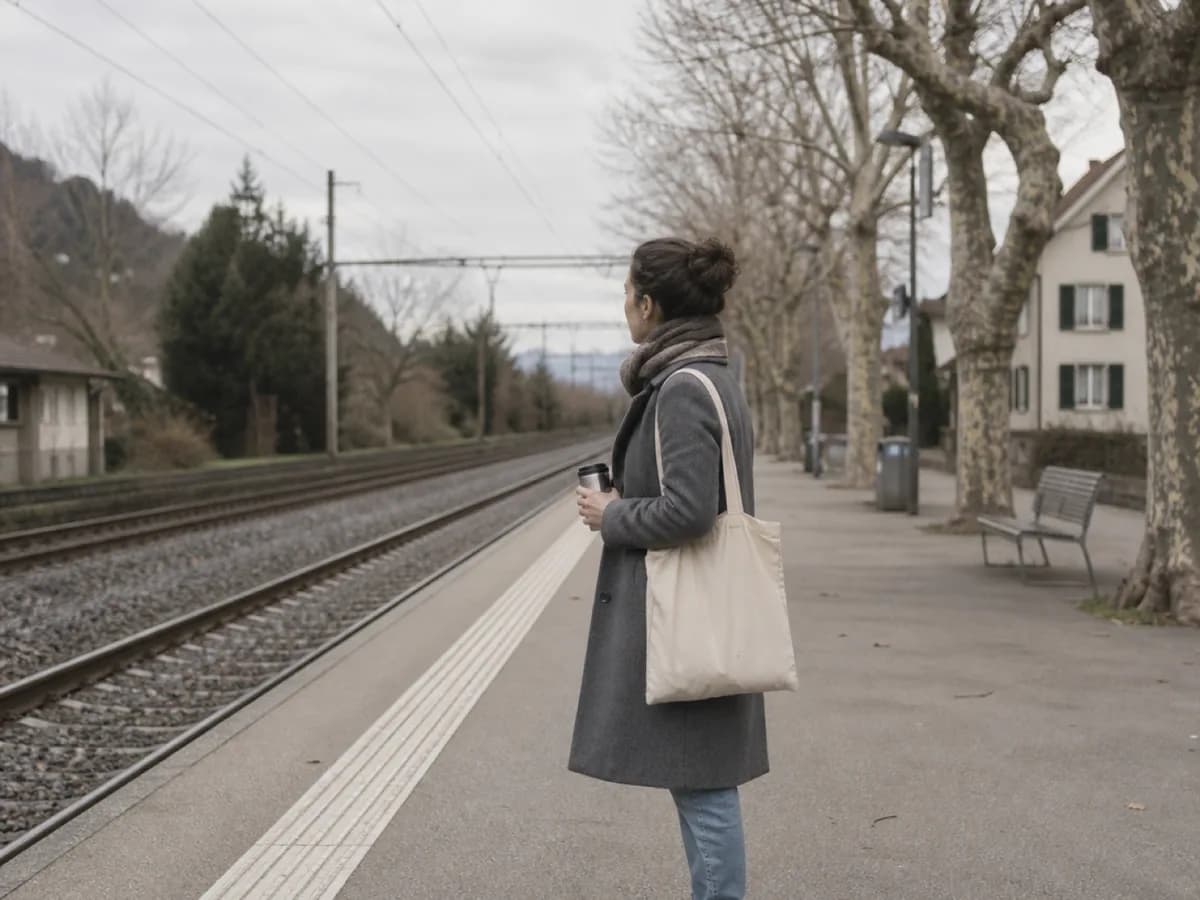 Frau mit Umhängetasche und Kaffeebecher wartet am Bahnsteig einer kleinen Schweizer Station